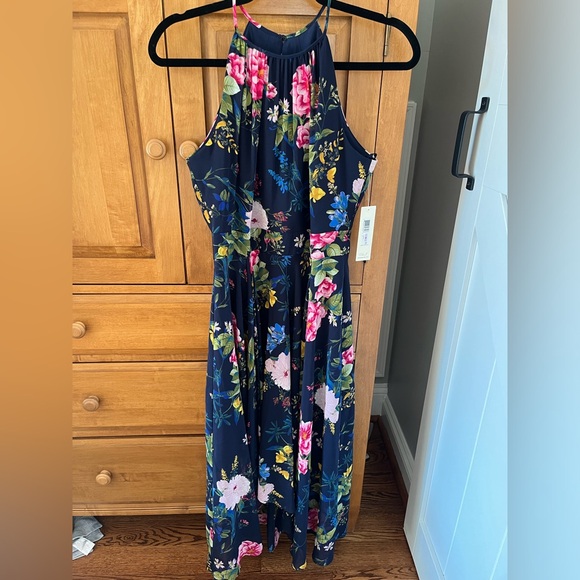 NWT Eliza J Navy Floral Print Chiffon High/Low Halter Midi Dress - Picture 8 of 14